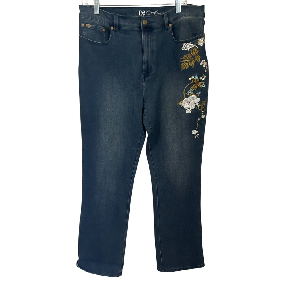 DG2 Diane Gilman Embroidered Floral Straight Leg Jeans Blue Denim Size 10